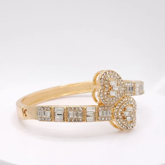 Gold Plated Double Heart Hinged Cuff Bracelet Women's CZ Bangle Romantic Jewelry - Picture 15 of 17